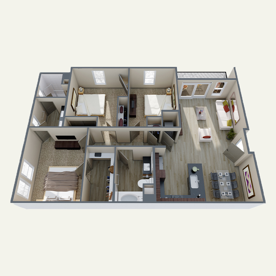 Rendering of the C1 floor plan with 3 bedroom[s] and 2 bathroom[s] at Double R