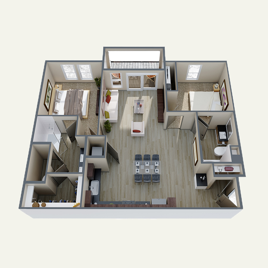 Rendering of the B3 floor plan with 2 bedroom[s] and 2 bathroom[s] at Double R