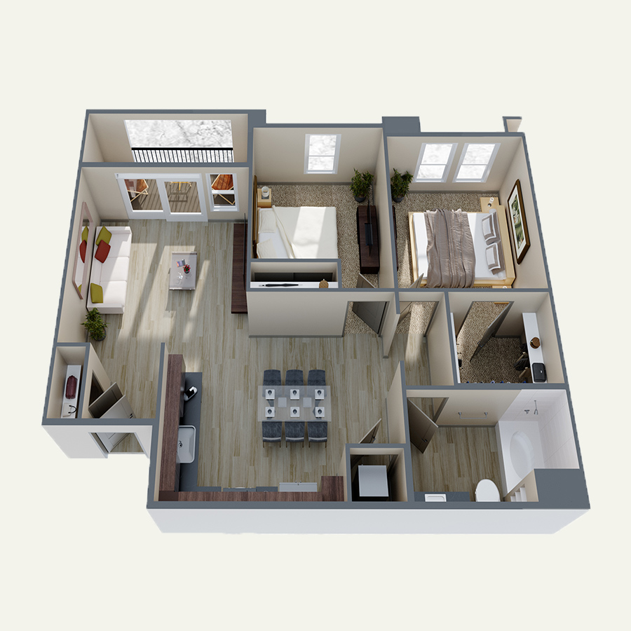 Rendering of the B1 floor plan with 2 bedroom[s] and 1 bathroom[s] at Double R