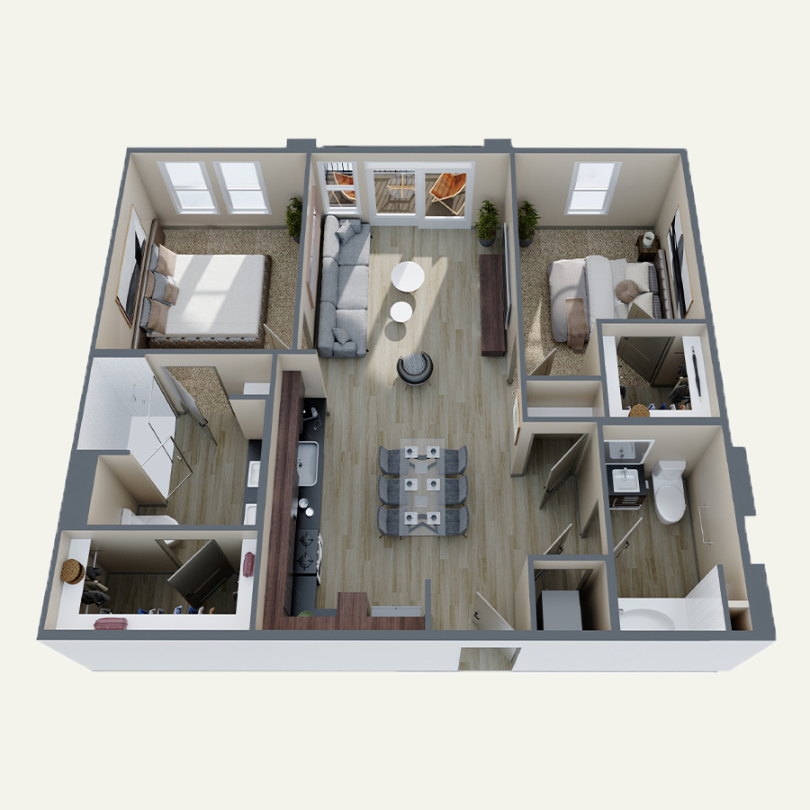 Rendering of the B5 floor plan with 2 bedroom[s] and 2 bathroom[s] at Double R